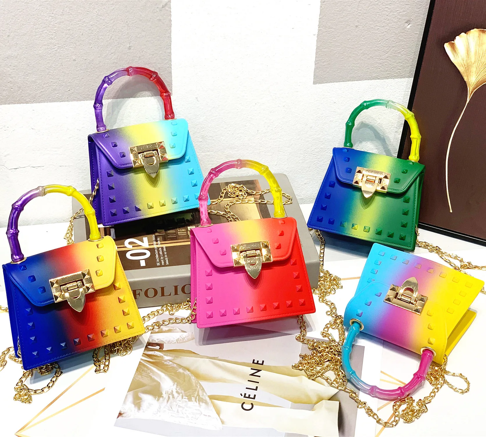 

Amazon Hot Selling Mini Handbag Small Chain Crossbody Bag Gradient Rivet Rainbow PVC Shoulder Purse Jelly Bag For Girl