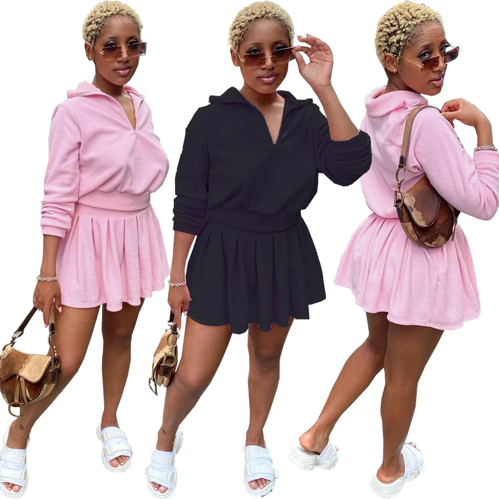 

Women Clothing Long Sleeve Two Piece Set Skirt Female Outfits Tennis Clothes Velvet 2 Piece Skirt Set, 2 colors
