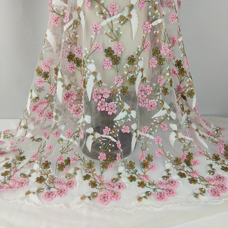 

New arrival 3D bird embroidery lace fabric, Pink