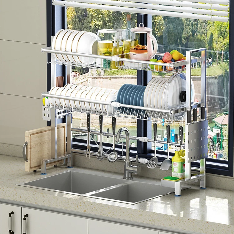 

Premium adjustable foldable kitchen aluminium 1 tier 2 tier over the sink dish drying drainer rack holders, Metal