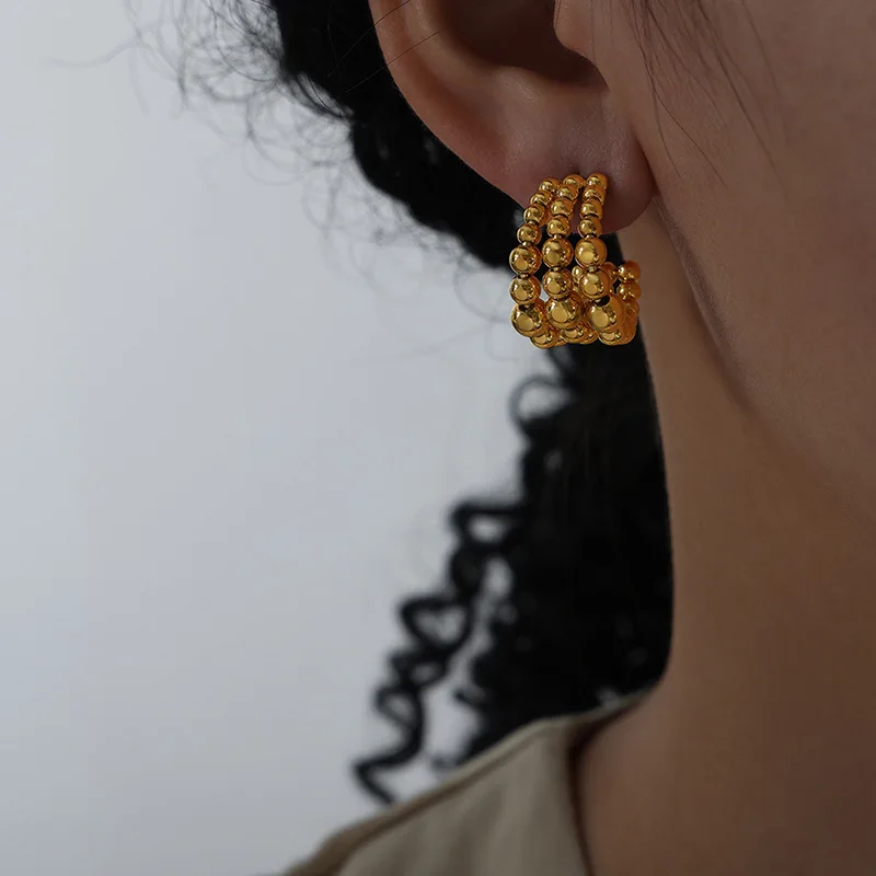 

High End Tarnish Free Jewelry 18k Gold Plated Stainless Steel CC Stud Earrings Multilayer Beaded Hoop Earrings For Women YF2737