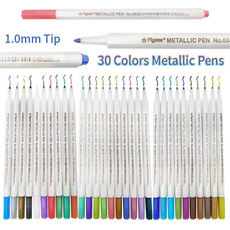 Flysea Metallic Marker Pens for 30 Assorted Color Soft Sheen Glitter Painting Pen Card Making Birthday Greeting