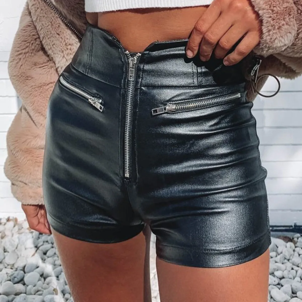 

Biker Style Ladies Black Zipper High Waist Cotton Shorts Summer Leather Shorts For Women, As pictures