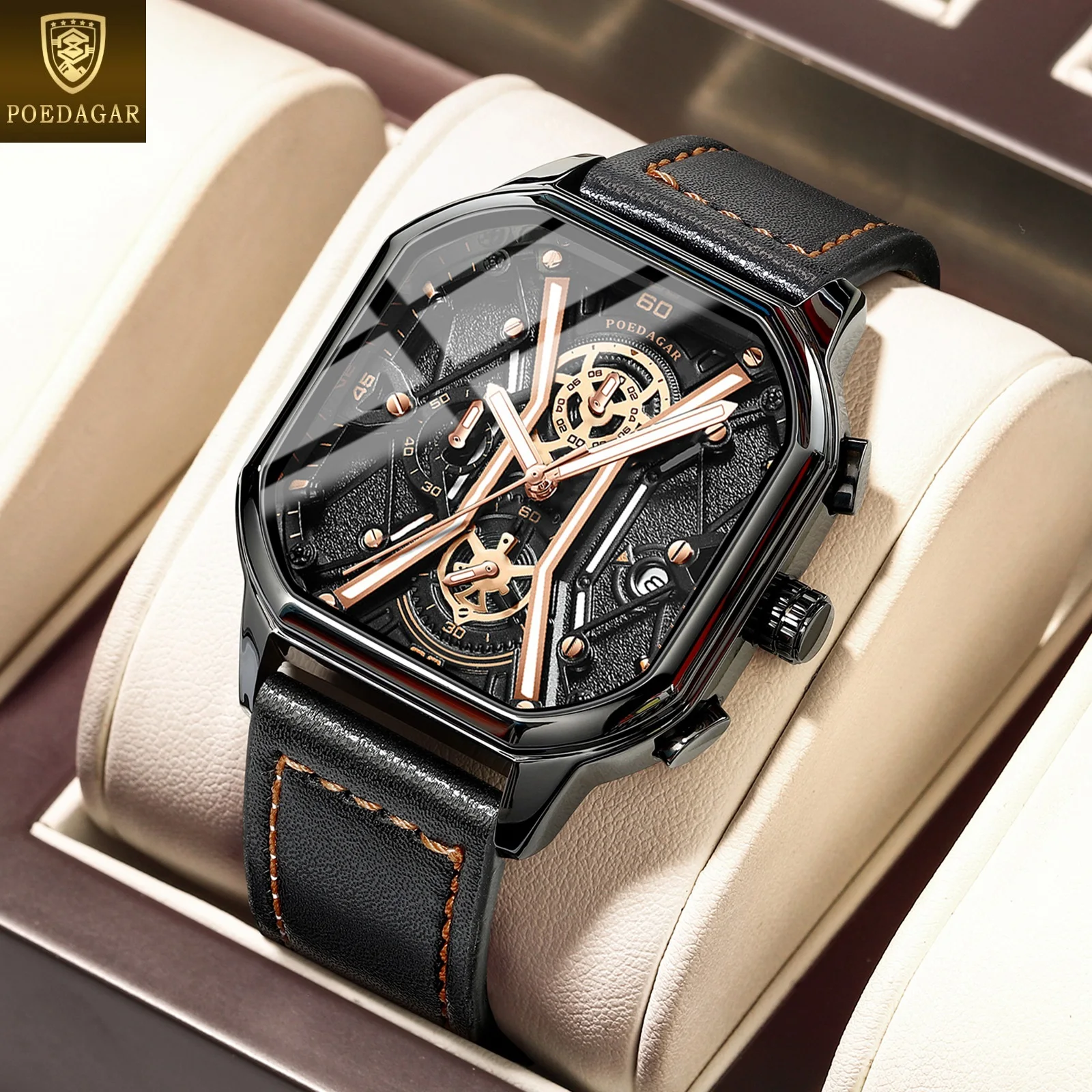 POEDAGAR Men's Watches 922 Creative Square Luminous Dial Watch Men Slim Leather Quartz Wristwatches Reloj Hombre Custom Watch