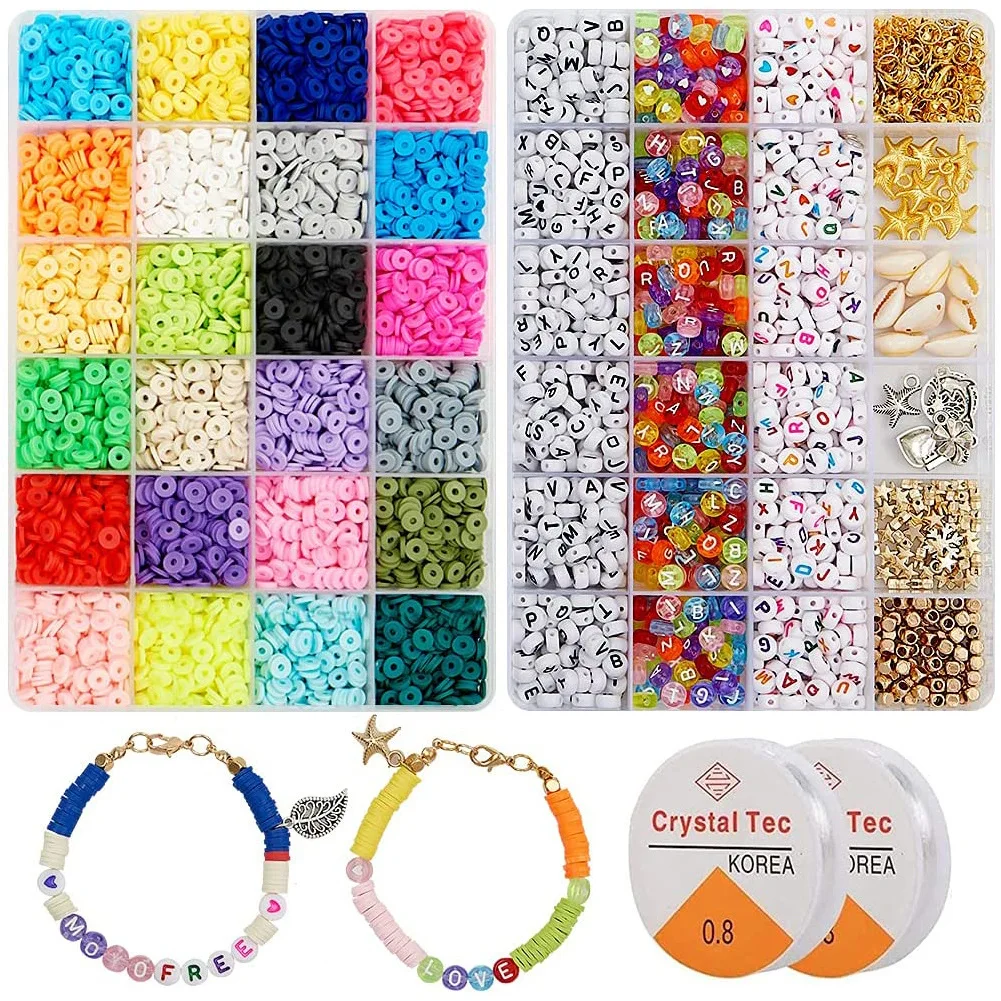 

Hobbyworker 6000 Pcs Clay Heishi Flat Round Clay Spacer Beads With Letter Beads Pendants Jump Rings For DIY Jewelry Accessories