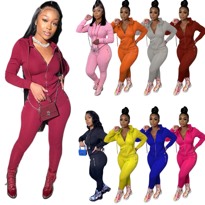 

2020 Fall Winter Solid Long Sleeve Hoodie Two Piece Jogger Set Womens Plus Size Clothing Jogging Set For Women, As picture