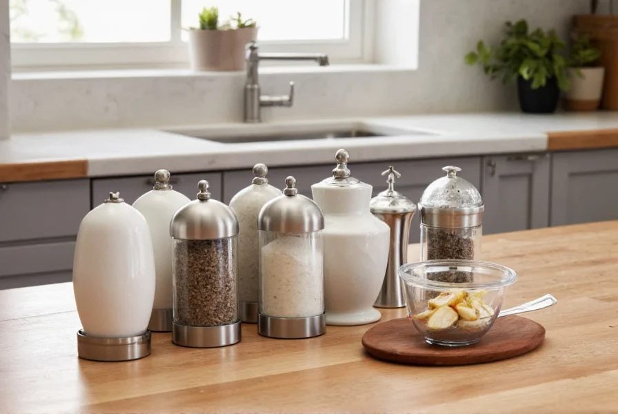 Various materials of large salt and pepper shakers including ceramic, glass, and stainless steel options arranged on wooden table