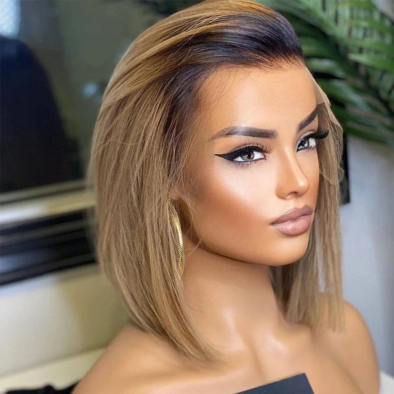 

Virgin Cuticle Aligned Brazilian Ombre Honey Brown Short Bob Lace Front Wig Straight Transparent HD Lace Human Hair Wigs Vendors