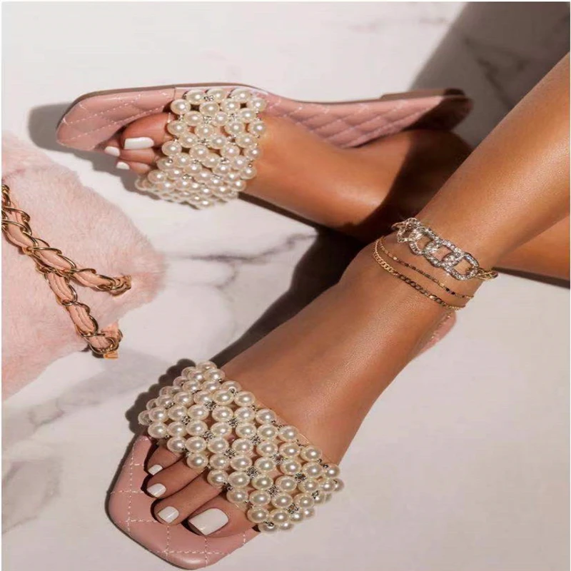 

2021 latest Fashion Pearl Shoes Wholesale ladies slides women Sexy Flat slippers sandals, Customized color