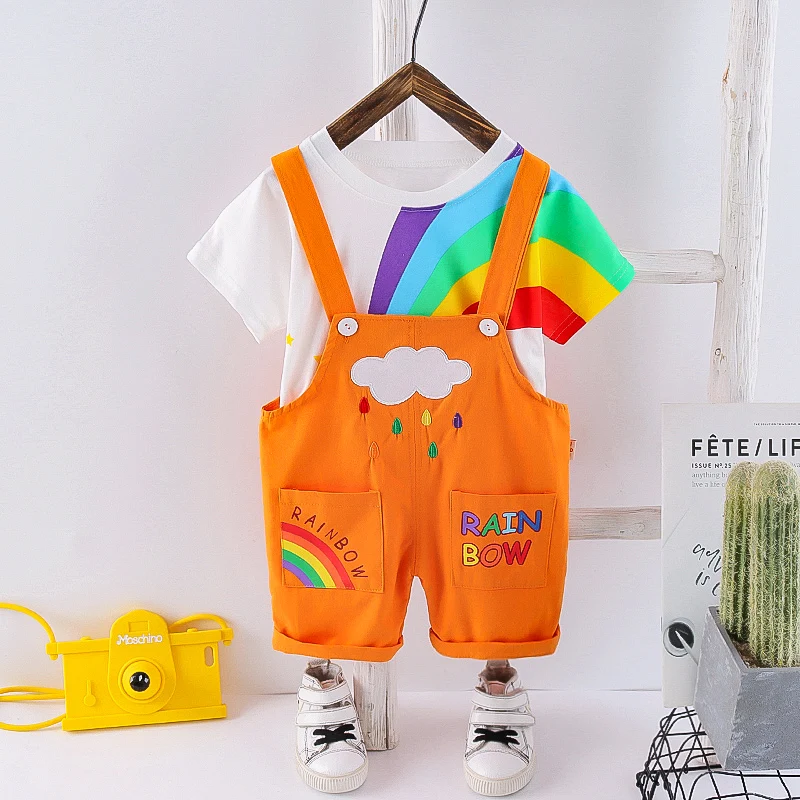 

2021summer kids clothing for boys and girls universal rainbow embroidery printed T-shirt cotton overalls baby sets, Picture shows