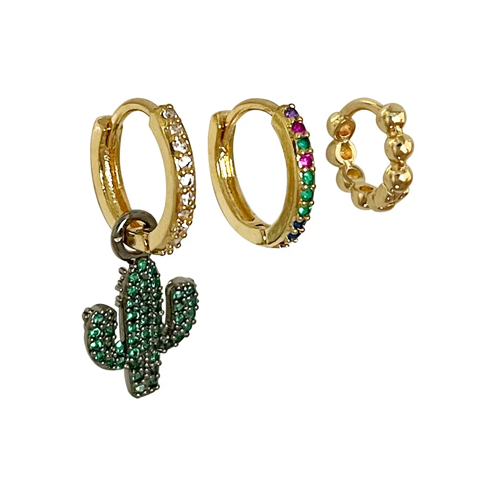 

Punk Fashion Gold Plated Rainbow Zircon Star Balls Circle Hoops Cactus Pendant Huggie Earrings Sets For Women, Like picture