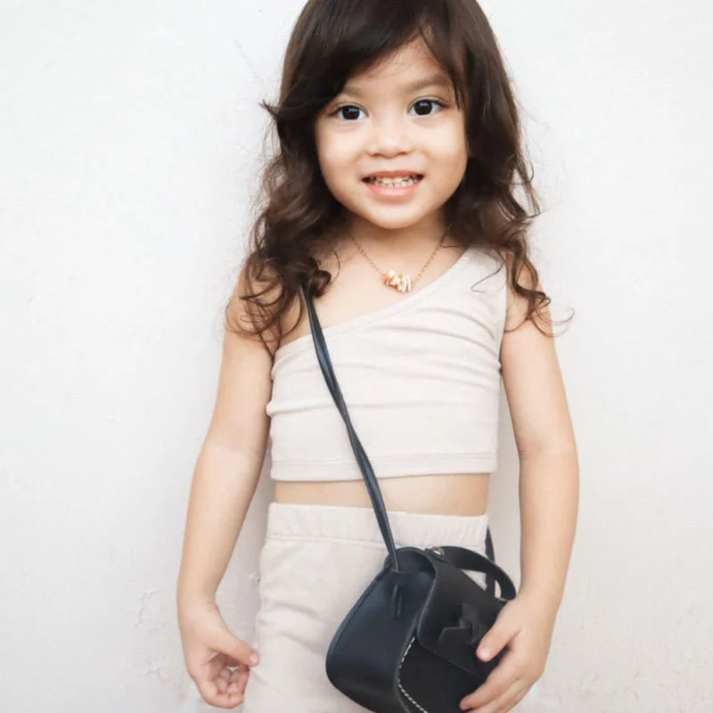 

2021 New Style Summer Solid Color Sleeveless O-Neck Fashion One-Shoulder Kids Clothing Sets, Black,brown,dark gray,apricot