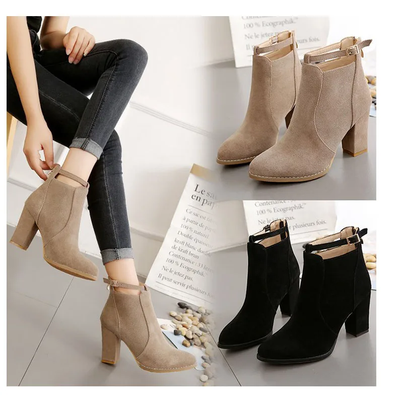 

Women's Boots Pointed Martin Boots Belt Buckle Suede Chunky Heel Ankle Boots