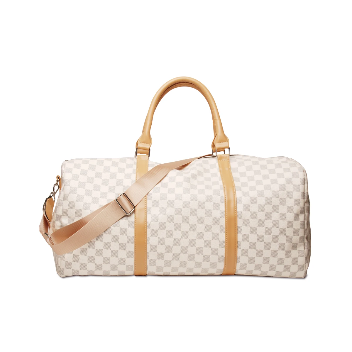 

Ready to Ship Warehouse Fashion Women Men Weekend White lattice Travel Handbag PU Duffel Bag with Handle and Strap DOM1031065