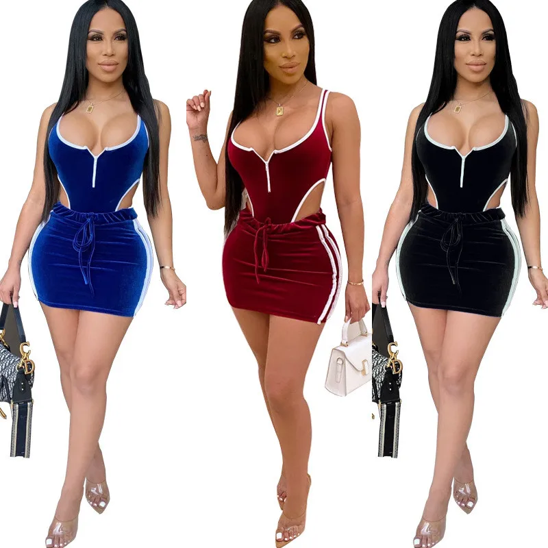 

wholesale 2021 fashion sexy corset women 2 pc skirt sets hollowed out vest club party blue velvet two piece short set