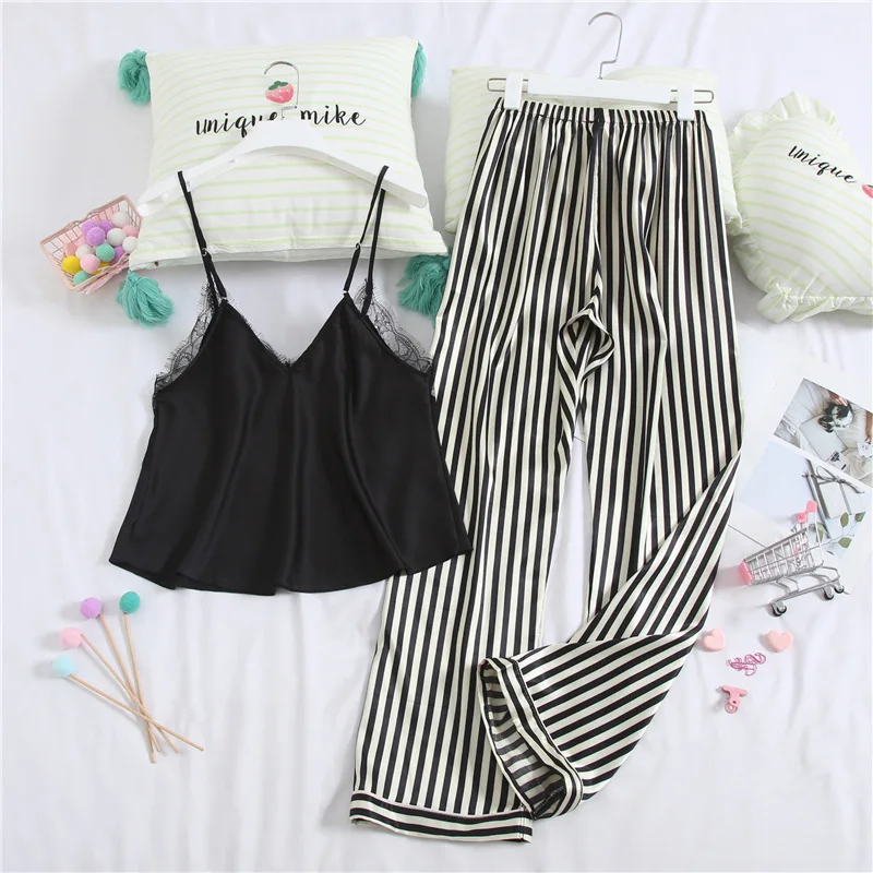 

Summer Striped Pajamas Satin Ladies Nighty Pijama Set With Lace Sleepwear