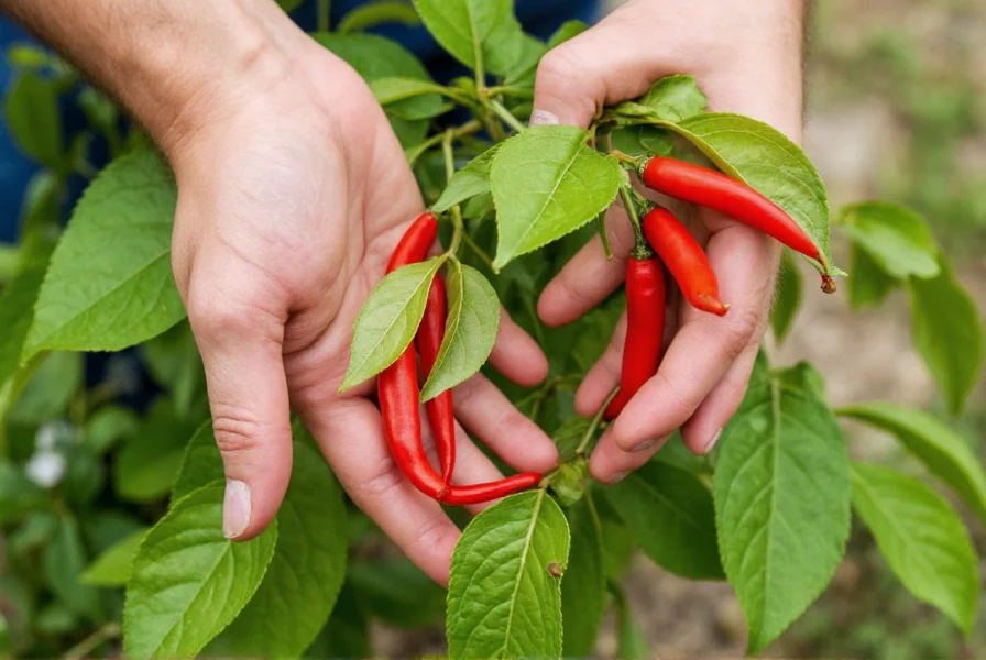 Gardener's hands harvesting ripe red pepper pods from healthy plant in garden setting