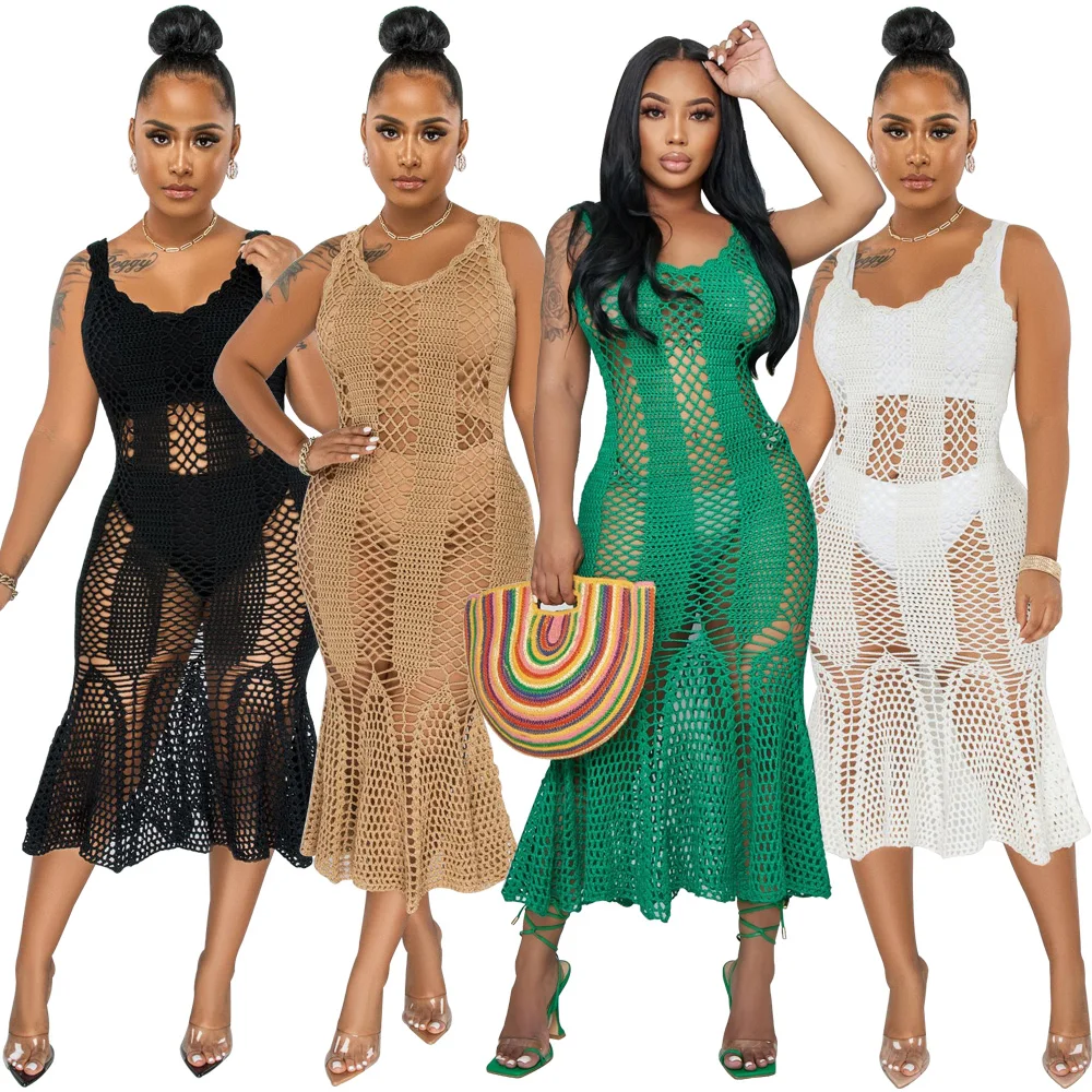 

2022 fashion sleeveless holes and hollow out sexy midi dress women, Picture color