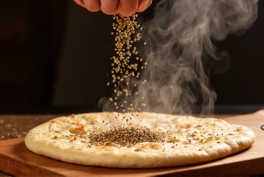 Nigella seeds being sprinkled over freshly baked flatbread with visible steam rising