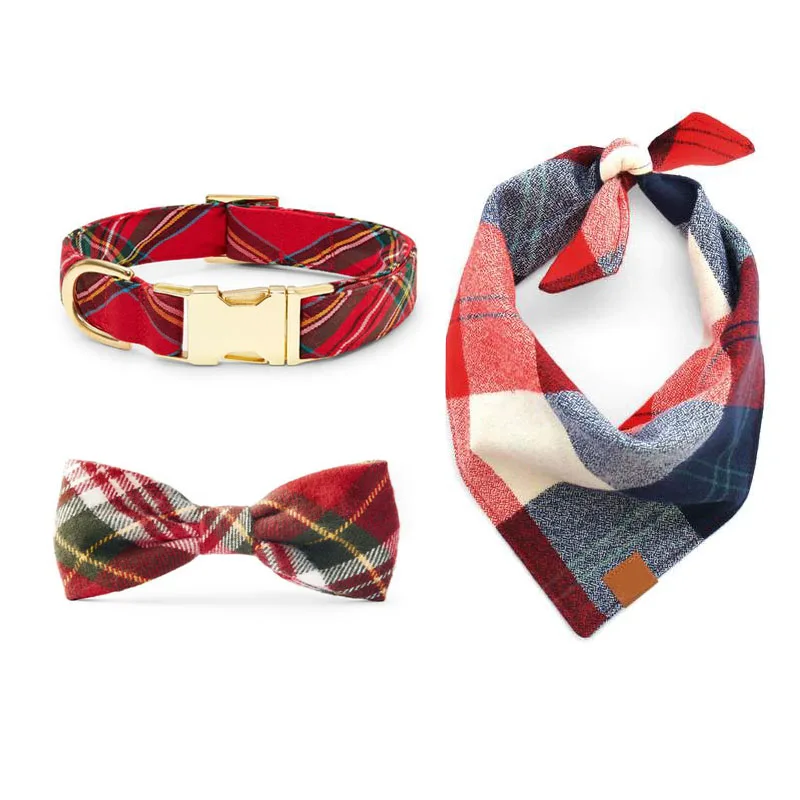 

Amazon hot sale lattice pattern pet products adjustable bowtie pet dog collar with rose gold metal buckle