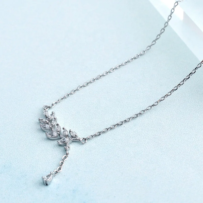 

925 sterling silver leaf shaped CZ diamond jewelry necklace,crystal necklace