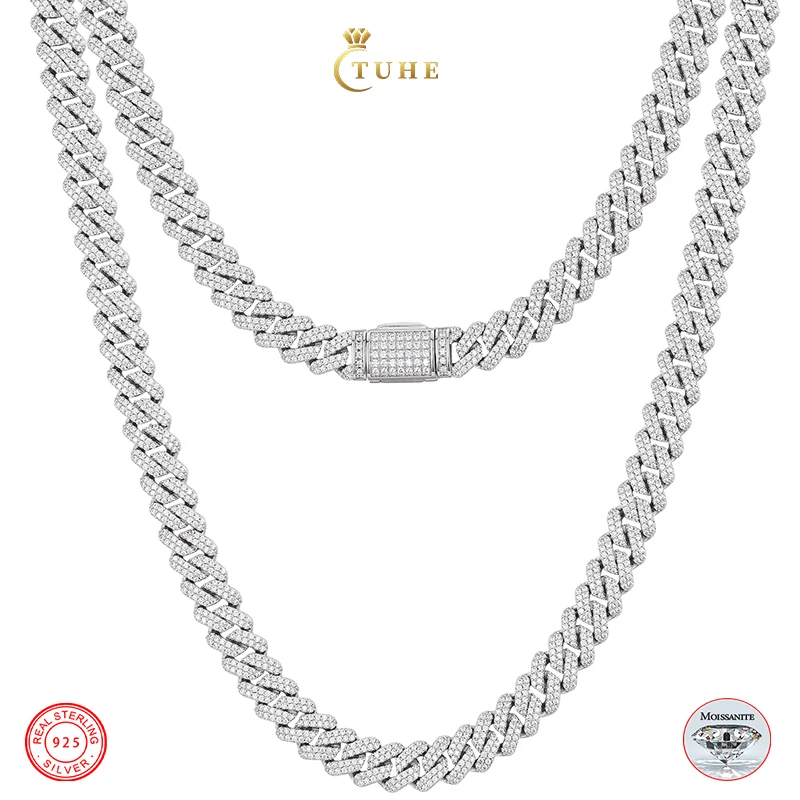 

Fine Jewelry Women 9mm Full VVS Moissanite Diamond Iced Out Miami Cuban LInk Chain 925 Sterling Silver Cuban Necklace