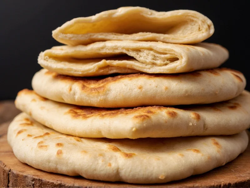 Stack of warm homemade pita bread with visible pockets