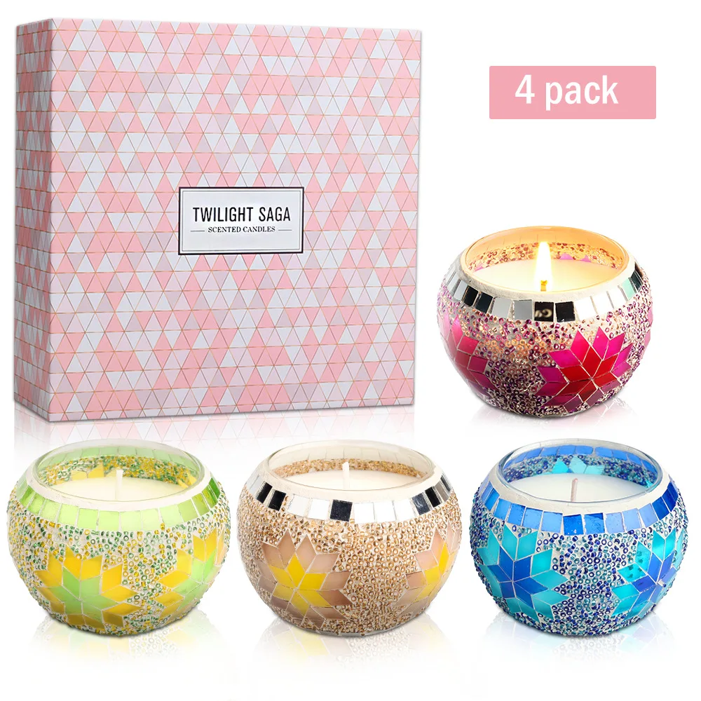 4.4 Oz Handmade Mosaic Design Natural Portable Travel Soy Wax Scented Candles Gift Set for Stress Relief and Aromatherapy 