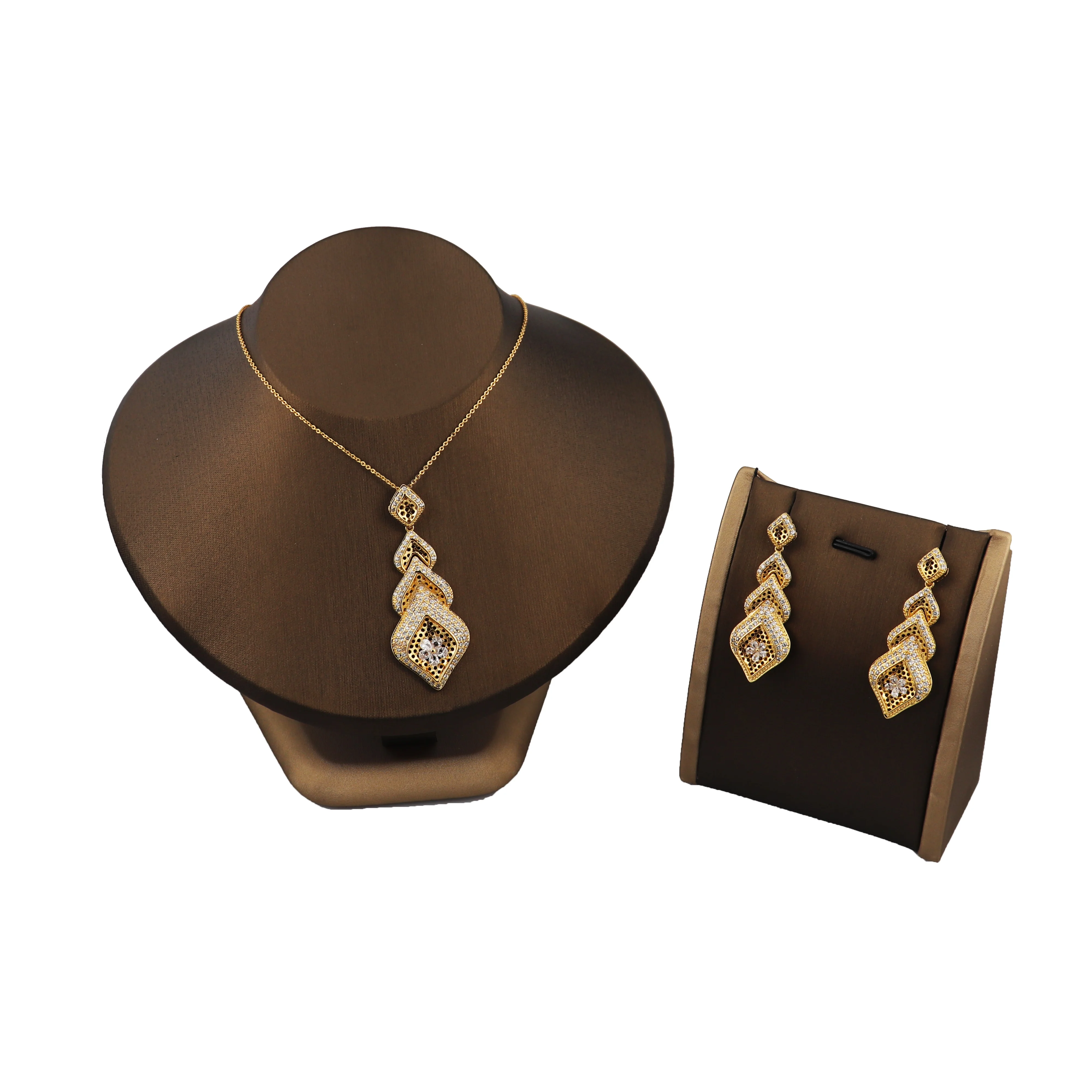 

Fashion high quality hollow rhombus heart flower zircon wedding jewelry women girl bridal set plated 18k gold jewelry set
