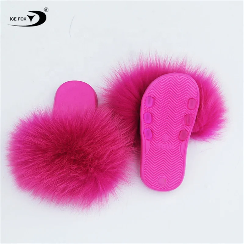 

Soft Children Genuine Fox Fur Slippers Wholesale Custom Baby Kids Real Fox Fur Slides, Customized color
