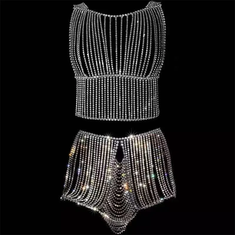 

Women Sexy Sparky Beach Party Rhinestone Belly Bikini Bra Panty Body Chain Jewelry Chain Thong Women