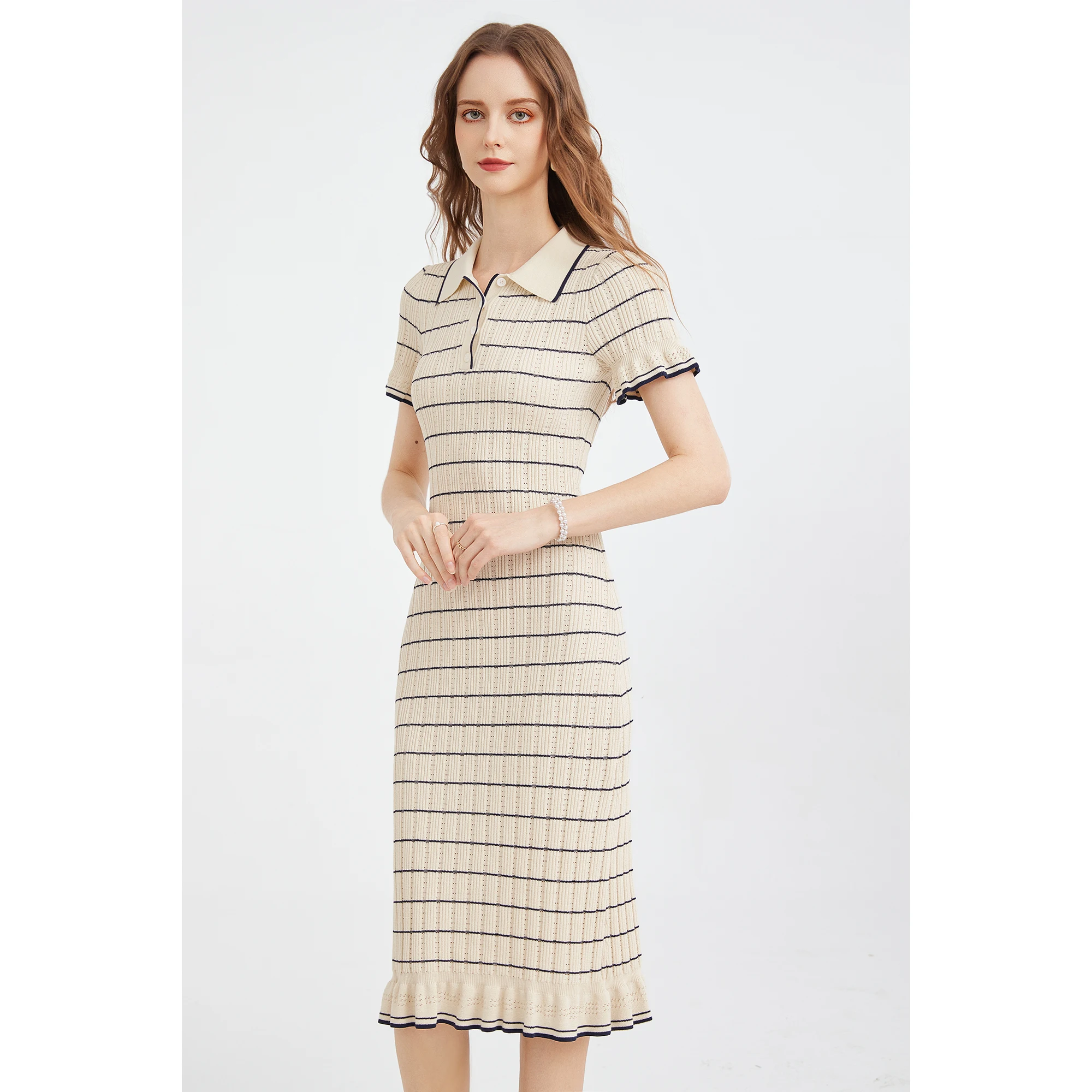 Knitwear Factory OEM Preppy Style Striped Tennis Dress Women's Bodycon Ribbed Knit Polo Midi Dress