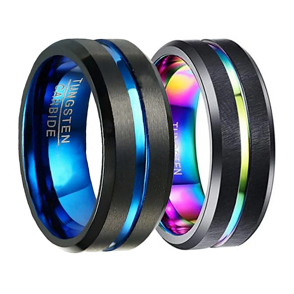 

Energinox 8mm Blue Plated Multi Color Groove Tungsten Carbide Wedding Engagement Band Promise Ring for men, As photo or customized