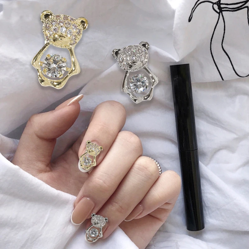 

20pcs CZ Cute Cartoon Nail Ornaments Manicure Design Nail Art Decoration Real Gold Plating DIY 3D Bear Nail Jewelry Accessories, Silver/gold