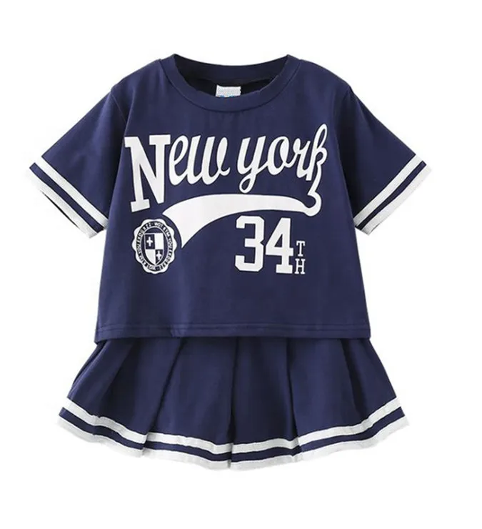 

Wholesale Kids Girl Summer Short Sleeve O Neck T Shirt and Skirt Set Sports Preppy Style Letter Printed Clothing Sets