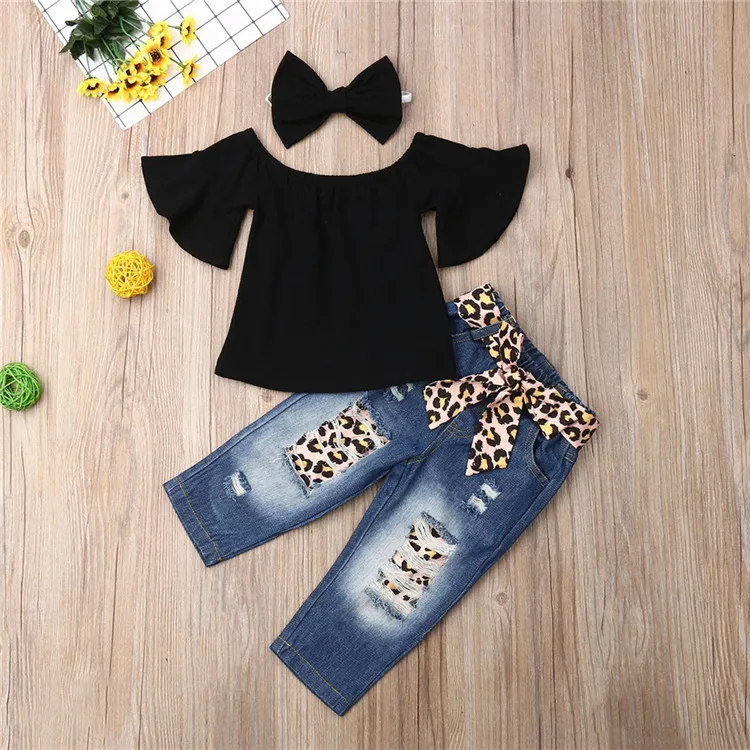 

Baby Clothes Set Fashion Puff Sleeve Top +Leopard Jeans+ Bow Headband Summer Toddler Girl Clothing Set Loose Trousers Kids Cloth, Black/dark blue