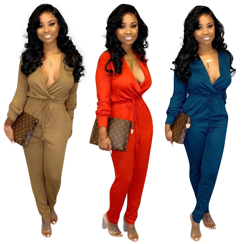 

Fashion Casual Rompers Solid Color Drawstring Bodysuits Deep V Neck Long Sleeve Women Sexy Jumpsuits, As the pictures shown