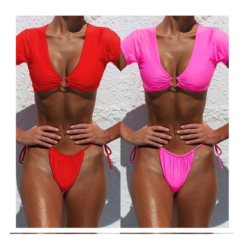 

Free shipping swim manufacturer bikini custom design With short sleeves swimwear women swimsuit custom swimwear manufacturing