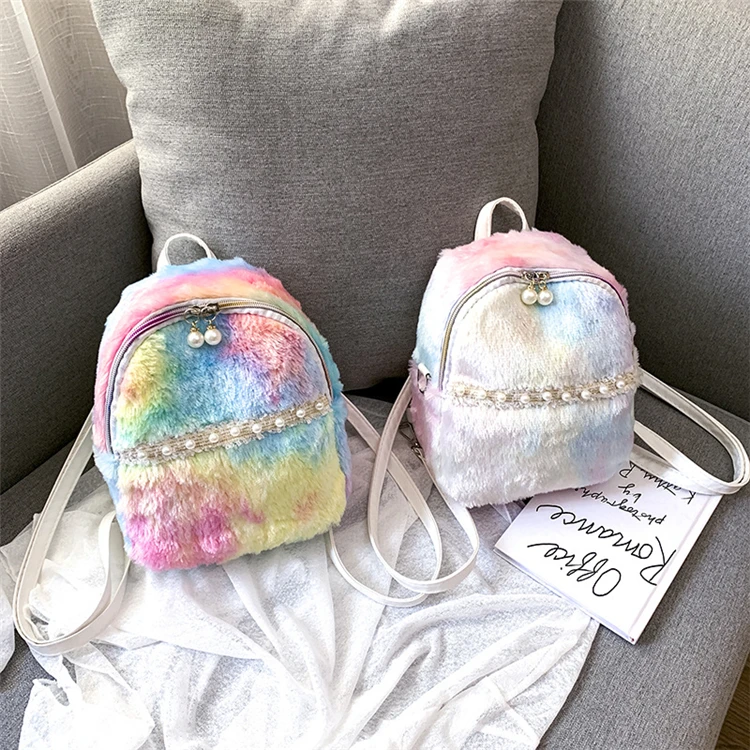 

wholesale fashion fur mini backpack colorful plush satchel ladies backpack hologram fur backpack for girls, As pictures