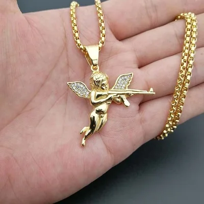 

EuropeanAmerican Popular Hip Hop Gold-plated 18K Stainless Steel Diamond Set Revenge Angel AK47 Pendant Necklace, Steel color