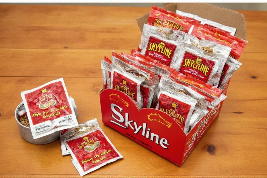 Box of Skyline chili seasoning packets showing multiple individual spice packets inside