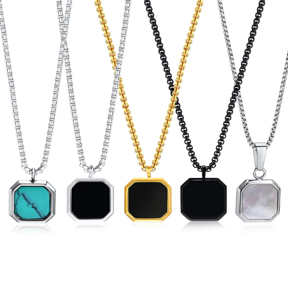 

18K Gold Plated Black Onyx Agate Jewelry Stainless Steel Green Turquoise Charm Pendant Natural Stone Gemstone Necklace