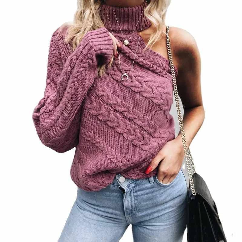 

Wholesale Custom Long Sleeves Turtleneck Strapless Knitted Sexy Pullover Sweater For Women