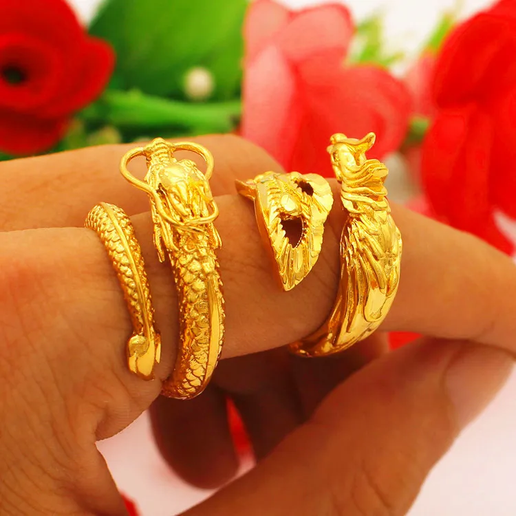

Wedding Jewelry Dragon And Phoenix Men'S And Women'S Ring Couple Jewelry Vietnam Fashion Euro Coin Copper Gold Plated Ring Ring