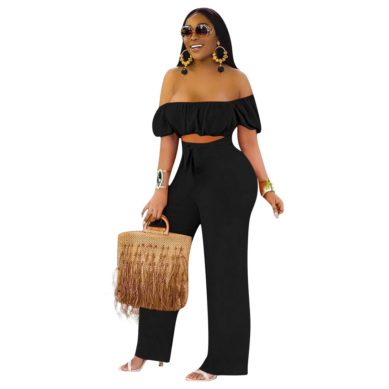 

Summer dress 2021 Off The Shoulder Solid Color Crop Top Wide Leg Pant One Piece Summer Women Fashion Jumpsuit, Picture shows