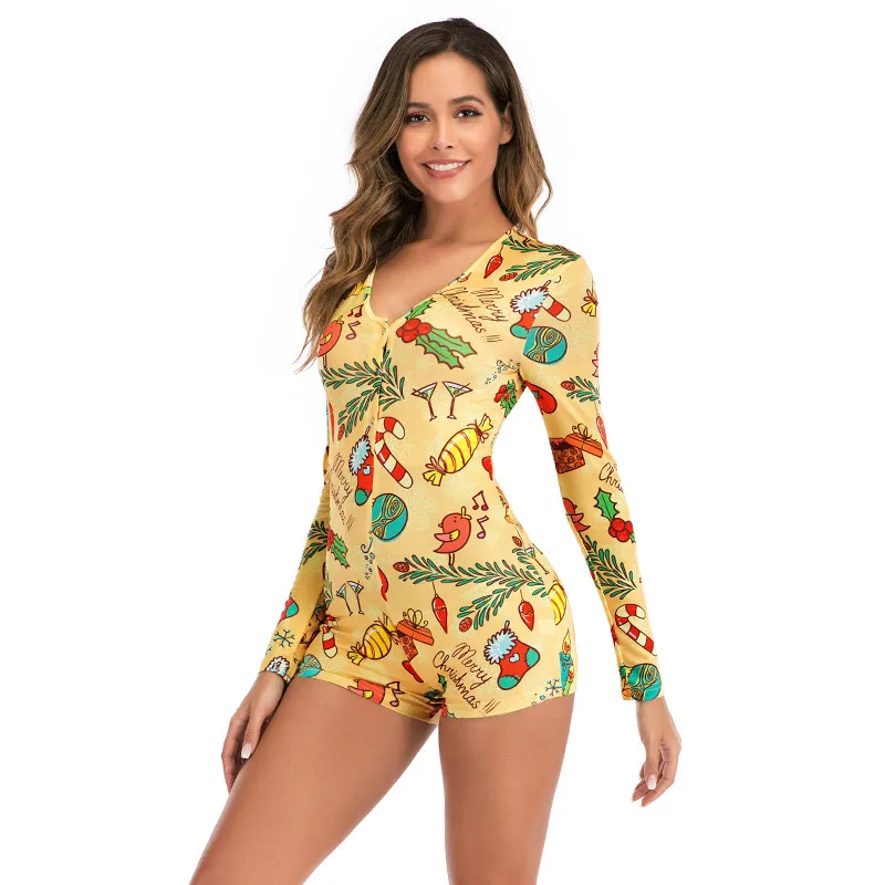 

Custom Printed Sexy Women Long Sleeve Adults Pajamas Star Floral Letter Print Sleepwear Onesie