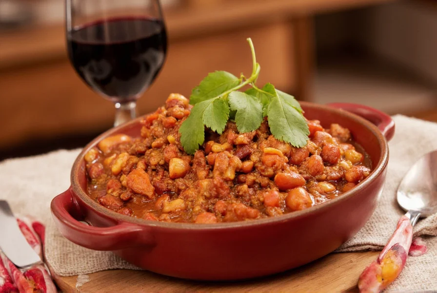 Chili served in bowl with glass of Merlot wine