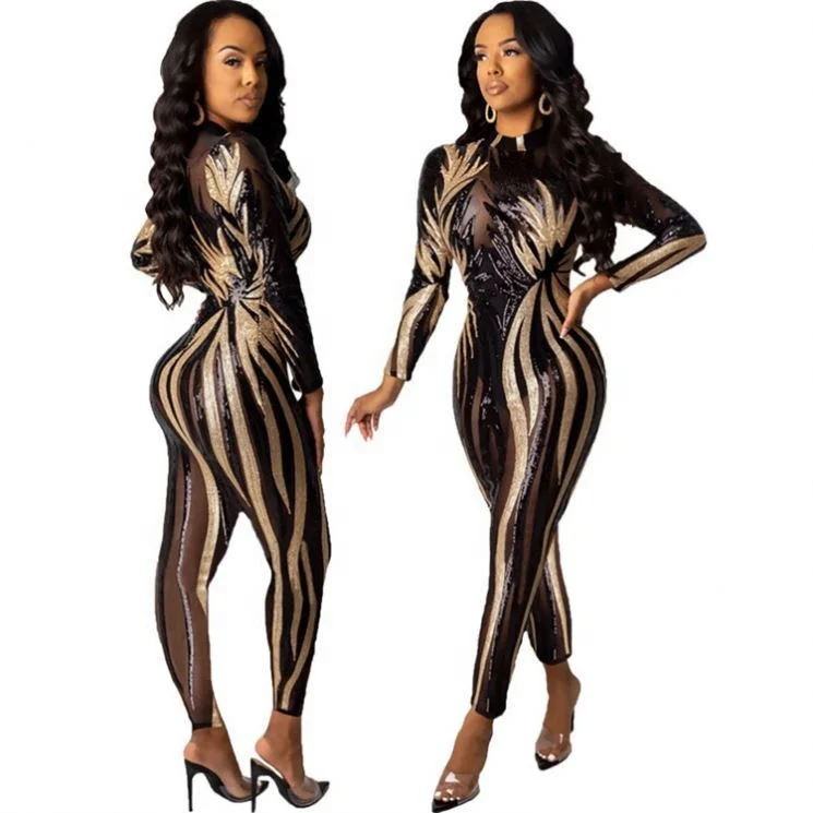 

M9139 Women night club clothes lady see through sequin jumpsuit and rompers sexy jumpsuit for women 2020