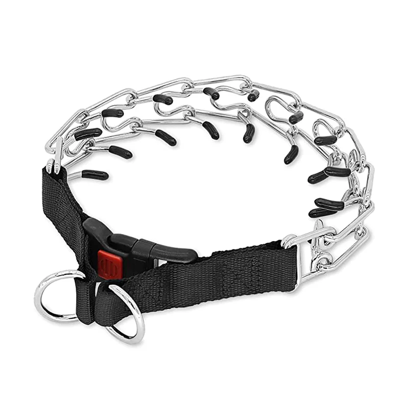 

No Pull Quick Release Locking Carabiner Stainless Steel Links Dog Prong Collar Choke Pinch Training Collar with Rubber Tips, Silver+black