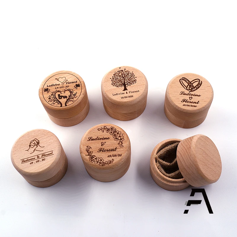 

Rustic custom engraved logo round wood ring earrings box, Walnut,beech